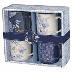 Mug: Ceramic SET of 4, Blue Floral Tile MUGS57