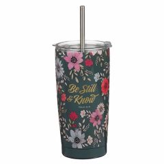 Mug: Stainless Steel with Straw-Be Still Teal Botanical SMUG352