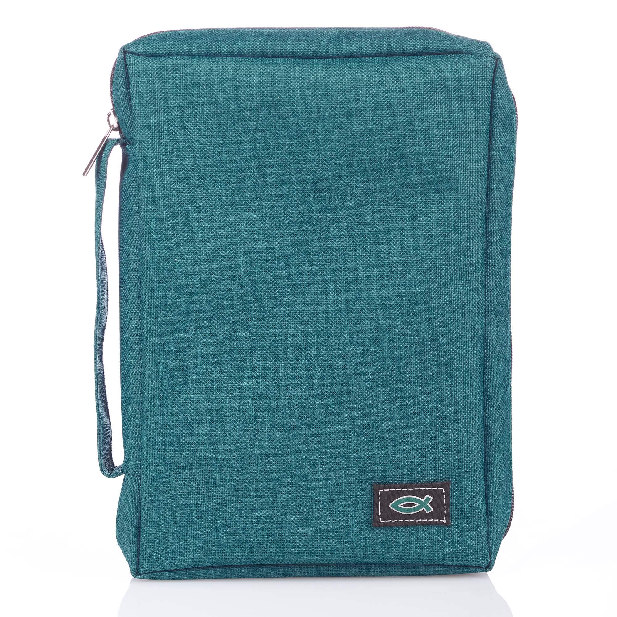 Teal Poly-Canvas Bible Cover with Fish Emblem, Small