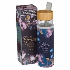 WaterBottle: Glass with Bamboo Lid and Sleeve My Grace is Sufficient WBT170