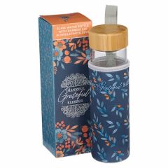 WaterBottle: Glass with Bamboo Lid and Sleeve Thankful Grateful Blessed WBT172